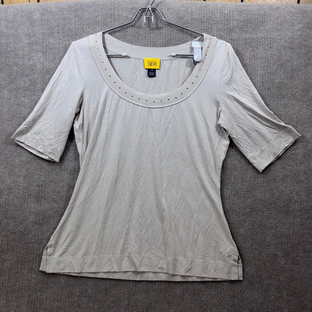 ST. JOHN spa Women's Beige Studded Scoop Neck 3/4 Sleeve Top Size M